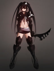 Rule 34 | 10s, 1girl, absurdres, aconitea, armor, bad id, bad pixiv id, belt, bikini, bikini top only, black background, black eyes, black hair, black rock shooter, boots, female focus, flat chest, front-tie bikini top, front-tie top, full body, gauntlets, greaves, highres, insane black rock shooter, long hair, looking at viewer, midriff, navel, pauldrons, short shorts, shorts, shoulder armor, solo, swimsuit, sword, thigh boots, thighhighs, twintails, weapon
