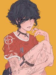 Rule 34 | 1girl, black hair, black shorts, cigarette, ear piercing, earrings, elliemaplefox, hair over one eye, highres, holding, holding cigarette, jewelry, knee up, looking at viewer, original, piercing, print shirt, red shirt, shirt, short hair, short sleeves, shorts, simple background, solo, tattoo, yellow background