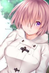 Rule 34 | 1girl, absurdres, ayuteisyoku, blurry, blurry background, blush, breasts, buttons, closed mouth, fate/grand order, fate (series), hair over one eye, highres, hood, hooded jacket, jacket, large breasts, light purple hair, long sleeves, looking at viewer, mash kyrielight, mash kyrielight (fgo x lawson), official alternate costume, purple eyes, short hair, smile, solo, white jacket