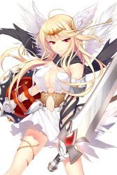 Rule 34 | 1girl, bare shoulders, black scarf, blonde hair, breasts, cleavage, dress, highres, medium breasts, no bra, official art, red eyes, scarf, shield, shirahane nao, soccer spirits, sword, tiara, transparent background, valkyrja beth (soccer spirits), weapon, wings