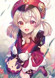 Rule 34 | 1girl, :d, backlighting, beret, black gloves, blonde hair, blush, boots, child, coat, flower, fog, genshin impact, gloves, grass, hat, highres, holding, klee (genshin impact), long sleeves, looking at viewer, open mouth, raymond busujima, red coat, red eyes, red flower, red footwear, short twintails, sidelocks, sitting, skirt, smile, socks, solo, twintails, wariza, white skirt, white socks