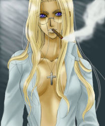 Rule 34 | 1girl, blonde hair, blue eyes, breasts, cigar, cleavage, glasses, hellsing, integra hellsing, jewelry, long hair, necklace, open clothes, open shirt, shirt, smoking, solo