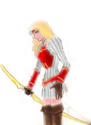 Rule 34 | 1girl, armor, blonde hair, boots, bow, breasts, gloves, miranda (dragoon), skirt, the legend of dragoon, weapon