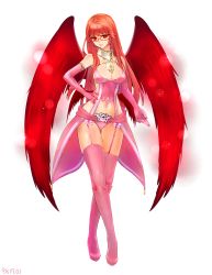 Rule 34 | 1girl, angel wings, player character (mabinogi), bad id, bad pixiv id, bare shoulders, breasts, cleavage, dirjiland (mabinogi), elbow gloves, garter straps, glasses, gloves, hand on own hip, highres, large breasts, long hair, looking at viewer, low wings, mabinogi, midriff, multiple wings, navel, original, pink thighhighs, pukel, red eyes, red hair, red wings, revealing clothes, smile, solo, thighhighs, wings