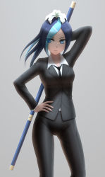 Rule 34 | 1girl, aqua hair, black hair, blue eyes, breasts, flower, formal, hair flower, hair ornament, hairclip, hand on own hip, highres, long hair, multicolored hair, necktie, one-punch man, pants, ponytail, sansetsukon no lily, siraha, solo, suit, three section staff, two-tone hair
