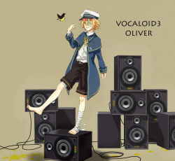Rule 34 | 1boy, bandages, barefoot, bird, blonde hair, character name, copyright name, hat, james (vocaloid), male focus, oliver (vocaloid), one eye covered, sailor hat, short hair, shorts, smile, solo, speaker, standing, standing on one leg, vocaloid, yellow eyes