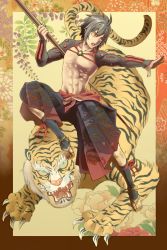 Rule 34 | 1boy, abs, bad id, bad pixiv id, black hair, fighting stance, full body, hakama, hakama skirt, hayadai, highres, japanese clothes, male focus, original, polearm, sandals, topless male, skirt, solo, tiger, weapon, yellow eyes