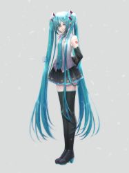 Rule 34 | 1girl, absurdres, arms behind back, artist name, black footwear, black skirt, black thighhighs, blue eyes, blue hair, blue necktie, boots, closed mouth, collared shirt, commentary, detached sleeves, full body, grey background, grey shirt, hatsune miku, headset, high heel boots, high heels, highres, legs together, long hair, looking at viewer, necktie, pleated skirt, riku taru, shards, shirt, shoulder tattoo, sidelocks, skirt, sleeveless, sleeveless shirt, solo, standing, tattoo, thigh boots, thighhighs, twintails, very long hair, vocaloid, wing collar, zettai ryouiki