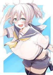 Rule 34 | 1girl, absurdres, aoba (kancolle), aqua eyes, black thighhighs, blue sailor collar, blue shorts, blush, breasts, cloud, commentary request, hair ornament, hair scrunchie, highres, kantai collection, large breasts, looking at viewer, miyoshi (triple luck), neckerchief, open mouth, purple hair, sailor collar, salute, school uniform, scrunchie, serafuku, short shorts, short sleeves, shorts, sky, solo, thighhighs, water, yellow neckerchief