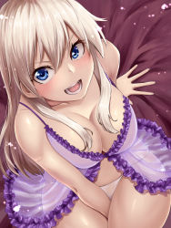 Rule 34 | 1girl, alternate costume, arm between legs, arm support, babydoll, between legs, blonde hair, blush, breasts, cleavage, clothing request, commentary request, frills, hair between eyes, hand between legs, hanna-justina marseille, highres, large breasts, legs together, liar lawyer, lingerie, looking at viewer, open mouth, panties, see-through, shiny skin, skindentation, solo, strike witches, teeth, underwear, underwear only, white panties, witches of africa, world witches series