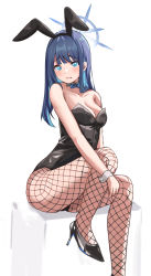 Rule 34 | 1girl, animal ears, ass, bare shoulders, black footwear, blue archive, blue eyes, blue hair, blush, bow, bowtie, breasts, cleavage, detached collar, fake animal ears, fishnet pantyhose, fishnets, halo, high heels, highres, leotard, long hair, nail polish, pantyhose, playboy bunny, purple nails, rabbit ears, saori (blue archive), sitting, solo, wrist cuffs, youyoukai