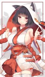 Rule 34 | 1girl, :3, absurdres, animal ear fluff, animal ears, azur lane, bad id, bad pixiv id, bare shoulders, black hair, blush, breasts, cat ears, closed mouth, commentary request, detached sleeves, ears through headwear, eyes visible through hair, fang, fang out, hands up, head tilt, highres, hood, japanese clothes, kimono, large breasts, long sleeves, looking at viewer, mushpz, red eyes, sideboob, smile, solo, thighhighs, thighs, uchikake, white kimono, white thighhighs, wide sleeves, yamashiro (azur lane), yamashiro (bridal attack!) (azur lane)