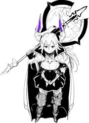 Rule 34 | 1girl, ahoge, armor, axe, blush, cape, closed mouth, draph, dress, granblue fantasy, greaves, greyscale, hair between eyes, hand on own hip, highres, holding, holding axe, holding weapon, horns, huge weapon, long hair, miitoban, monochrome, over shoulder, purple horns, simple background, smile, solo, spot color, threo (granblue fantasy), weapon, weapon over shoulder, white background