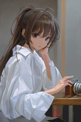 Rule 34 | 1girl, absurdres, ahoge, brown hair, camera, expressionless, hand on own cheek, hand on own face, head rest, highres, long hair, looking at viewer, original, oversized clothes, oversized shirt, photo-referenced, ponytail, shirt, single-lens reflex camera, solo, upper body, white shirt, zutsuyaku