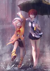 Rule 34 | 2girls, ^ ^, absurdres, barefoot, blonde hair, boots, closed eyes, female admiral (kancolle), hair ornament, highres, holding, holding hands, holding umbrella, kantai collection, long hair, multiple girls, necktie, open mouth, outdoors, pin.s, rain, raincoat, red hair, rubber boots, shirt, shoes, unworn shoes, short hair, skirt, smile, splashing, standing, standing on one leg, umbrella, wading, white shirt, yellow eyes, yuudachi (kancolle)