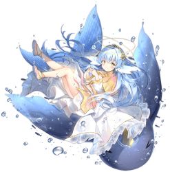 Rule 34 | 1girl, ark order, bang (gesture), blue hair, chinese clothes, dress, finger gun, fingers together, fins, floating hair, frilled dress, frills, gold hairband, gold trim, hairband, halo, head fins, kuen (ark order), long hair, long sleeves, looking at viewer, maya g, narwhal, pink dress, pink footwear, smile, solo, tachi-e, tassel, very long hair, water, white dress, yellow eyes