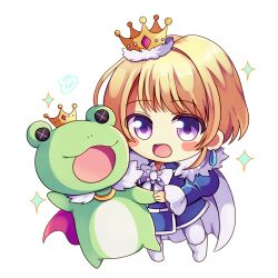 Rule 34 | 1boy, blonde hair, cape, chibi, crown, doroshii, earrings, idolmaster, idolmaster side-m, jewelry, kaerre, looking at viewer, male focus, mini crown, open mouth, pierre bichelberger, purple eyes, red cape, sparkle, stuffed animal, stuffed frog, stuffed toy, white background, white cape