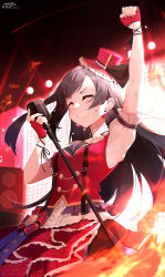 Rule 34 | 1girl, absurdres, arm up, black hair, breasts, chase! (love live!), closed eyes, commentary, earrings, fingerless gloves, fire, gloves, grin, highres, holding, holding microphone, jewelry, kgs (2806489002), kusunoki tomori, long hair, love live!, love live! nijigasaki high school idol club, medium breasts, microphone, microphone stand, one side up, red gloves, sidelocks, signature, smile, solo, stage, sweat, upper body, voice actor connection, yuki setsuna (love live!)