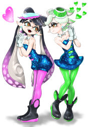 Rule 34 | 2girls, :d, ankle boots, bare shoulders, black footwear, black hair, blue dress, blue jumpsuit, boots, bow-shaped hair, breasts, callie (splatoon), cleavage, closed mouth, collarbone, cousins, cross-shaped pupils, detached collar, dress, earrings, eye contact, fangs, food, food on head, gloves, gradient hair, green hair, green pantyhose, hands up, heart, highres, inkling, interlocked fingers, jewelry, jumpsuit, koharu2.5, long hair, looking at another, marie (splatoon), mole, mole under eye, multicolored hair, multiple girls, nintendo, object on head, open mouth, pantyhose, pink hair, pink pantyhose, pointy ears, red pupils, shadow, short dress, short eyebrows, short hair, short jumpsuit, simple background, small breasts, smile, splatoon (series), splatoon 1, standing, strapless, strapless dress, strapless jumpsuit, suction cups, symbol-shaped pupils, tentacle hair, two-tone hair, very long hair, white background, white gloves, white hair, yellow eyes