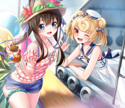 Rule 34 | 2girls, alternate costume, amiya (arknights), animal ears, arknights, bare shoulders, bear ears, blonde hair, blue eyes, blue shorts, brown hair, commentary request, cowboy shot, dress, food, gummy (arknights), gummy (summer flowers) (arknights), hair ribbon, hand up, hat, highres, holding, holding food, ice cream, long hair, looking at viewer, multiple girls, official alternate costume, one eye closed, open mouth, rabbit ears, ribbon, rukinya (nyanko mogumogu), shirt, short hair, shorts, sleeveless, sleeveless dress, sleeveless shirt, smile, soft serve, standing, thigh strap