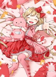 Rule 34 | 1girl, blonde hair, blush, bow, closed eyes, commentary request, confetti, dress, feet out of frame, from above, futaba anzu, hair bow, heart, highres, holding, holding stuffed toy, idolmaster, idolmaster cinderella girls, long hair, low twintails, lying, neck ribbon, on back, open mouth, pink dress, pink thighhighs, reaching, reaching towards viewer, red bow, red dress, red ribbon, ribbon, sks (s3 rosquilla), solo, stuffed animal, stuffed rabbit, stuffed toy, thighhighs, twintails, two-tone dress, very long hair, wrist cuffs