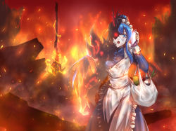 Rule 34 | 1girl, apron, bag, blue dress, blue eyes, blue hair, burning, cellphone, commentary request, cracked skin, dress, fire, glowing, glowing eye, groceries, grocery bag, heterochromia, leebigtree, maid, maid apron, maid headdress, mecha musume, open mouth, original, pale skin, phone, robot, shopping bag, smartphone, solo, talking, talking on phone, torn clothes