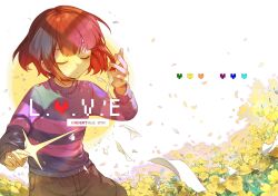 Rule 34 | 1other, blue sweater, blush, brown hair, brown shorts, buttons, closed eyes, closed mouth, colored skin, eden (eden871225), english text, fingernails, flower, frisk (undertale), hair between eyes, hands up, heart, highres, holding, leaf, long sleeves, paper, save point, short hair, shorts, solo, standing, star (symbol), striped clothes, striped sweater, sweater, undertale, yellow flower, yellow skin