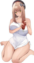 Rule 34 | 1girl, absurdres, apron, beret, bottle, bow, breasts, brown hair, cleavage, elvandec, emma (nikke), feet, food, goddess of victory: nikke, hat, highres, holding, holding bottle, ketchup, large breasts, long hair, naked apron, parted lips, sidelocks, sitting, solo, toes, white apron, yellow eyes