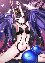 Rule 34 | 1girl, armpits, arms up, bad id, bad pixiv id, bare legs, bare shoulders, barefoot, black gloves, blunt bangs, blurry, blush, breasts, bridal gauntlets, cherry blossoms, closed mouth, collar, collarbone, eyeshadow, fate (series), glint, gloves, gourd, highres, horns, japanese clothes, kimono, long sleeves, looking at viewer, makeup, motion blur, navel, off shoulder, open clothes, open kimono, pecolondon, petals, revealing clothes, revision, short hair, shuten douji (fate), shuten douji (first ascension) (fate), sideboob, sitting, skin-covered horns, small breasts, smile, solo, stomach, thick eyebrows, thighs, tree, tsurime, water, water drop, wet, wet hair, wide sleeves