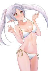 Rule 34 | 1girl, absurdres, alternate costume, bikini, blush, breasts, cleavage, collarbone, commentary request, cowboy shot, earrings, elf, frieren, green eyes, groin, halterneck, highres, jewelry, long hair, navel, open mouth, pointy ears, sasasa r 23, side-tie bikini bottom, sidelocks, simple background, small breasts, solo, sousou no frieren, stomach, strap gap, string bikini, swimsuit, thick eyebrows, twintails, very long hair, w arms, wet, white background, white bikini, white hair