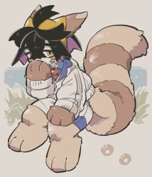 Rule 34 | 1boy, :&lt;, ahoge, animal ears, animal paws, black hair, blue shirt, body fur, brown fur, commentary request, creatures (company), crossed bangs, facial mark, fewer digits, full body, furret, game freak, gen 2 pokemon, grass, hair between eyes, hairband, hand to own mouth, jacket, kemonomimi mode, kieran (pokemon), light brown fur, looking at viewer, looking to the side, lunchbox (artist), male focus, mole, mole on neck, multicolored hair, nintendo, paw print, pawpads, pokemon, pokemon (creature), pokemon sv, purple hair, shirt, short hair, shorts, tail, two-tone hair, whisker markings, white jacket, white shorts, yellow eyes, yellow hairband
