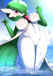 Rule 34 | 1girl, absurdres, ashraely, bad anatomy, blue sky, blush, bob cut, breasts, clitoris, colored skin, creatures (company), day, female focus, game freak, gardevoir, gen 3 pokemon, green hair, green skin, groin, hair over one eye, hands up, highres, huge breasts, leg up, looking at viewer, multicolored skin, navel, nintendo, open mouth, outdoors, partially submerged, pink eyes, pokemon, pokemon (creature), pussy, shiny skin, short hair, sky, solo, splashing, standing, standing on one leg, stomach, two-tone skin, uncensored, wading, water, white skin, wide hips