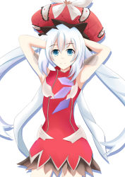 Rule 34 | 1girl, absurdres, aqua eyes, armpits, arms behind head, bare arms, contrapposto, cowboy shot, dress, fate (series), hat, high collar, highres, long hair, looking at viewer, marie antoinette (fate), masmbel, red dress, red hat, smile, solo, standing, white background, white hair