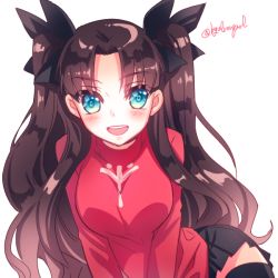 Rule 34 | 1girl, blue eyes, breasts, brown hair, byulrorqual, fate/stay night, fate (series), hair ribbon, long hair, looking at viewer, open mouth, ribbon, simple background, smile, solo, thighhighs, tohsaka rin, turtleneck, twitter username, two side up, white background, zettai ryouiki