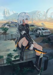 Rule 34 | 1girl, abandoned, absurdres, black footwear, black jacket, black shorts, boots, breasts, car, commentary request, ddal, gloves, glowing, glowing weapon, grey eyes, grey hair, hair between eyes, highres, holding, holding weapon, jacket, knee boots, lamppost, long hair, long sleeves, looking to the side, mecha, motor vehicle, on vehicle, original, overgrown, plant, revision, road, robot, ruins, sand, science fiction, short shorts, shorts, sitting, small breasts, solo, tire, weapon, white gloves