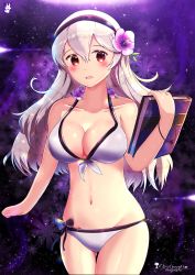 Rule 34 | 1girl, artist logo, artist name, bad id, bad pixiv id, bikini, blush, book, breasts, chinchongcha, cleavage, collarbone, corrin (female) (fire emblem), corrin (female) (summer) (fire emblem), corrin (fire emblem), cowboy shot, fire emblem, fire emblem fates, fire emblem heroes, floral background, flower, gluteal fold, groin, hair between eyes, hair flower, hair ornament, hairband, highres, light particles, long hair, looking at viewer, medium breasts, navel, nintendo, official alternate costume, open mouth, purple background, red eyes, silver hair, smile, solo, swimsuit, thigh gap, thighs, wet, white bikini, wristband