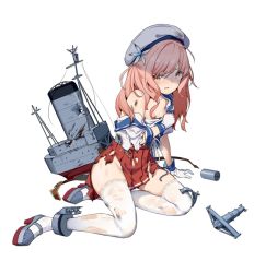 Rule 34 | 1girl, beret, breasts, depth charge, flower, gloves, hair flower, hair ornament, hat, kantai collection, long hair, no panties, pink hair, red skirt, rigging, sailor collar, school uniform, serafuku, simple background, sitting, skirt, small breasts, solo, tears, thighhighs, torn clothes, torn thighhighs, white background, white gloves, white hat, white thighhighs, yamano (yamanoh), yashiro (kancolle)