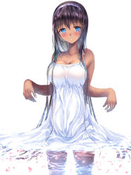 Rule 34 | 1girl, bad id, bad pixiv id, black hair, blue eyes, blush, breasts, cleavage, commentary request, dark-skinned female, dark skin, dress, hairband, large breasts, long hair, looking at viewer, original, partially submerged, petals, ponytail korosuke, revision, simple background, solo, standing, wading, water, wet, wet clothes, wet dress, white background, white dress, wrists flexed