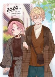 Rule 34 | 1boy, 1girl, absurdres, bag, blonde hair, blush, buttons, closed mouth, commentary request, dated, earrings, english text, glasses, hands in pockets, hat, highres, hina wonder, jewelry, lapels, layered clothes, locked arms, long sleeves, notched lapels, ootori emu, pink eyes, pink hair, project sekai, short hair, shoulder bag, teeth, tenma tsukasa, turtleneck, wavy hair, yellow eyes, zozotown