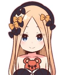 Rule 34 | 1girl, abigail williams (fate), black bow, black hat, blonde hair, blue eyes, blush, bow, closed mouth, collarbone, eyes visible through hair, fate/grand order, fate (series), hair bow, hands up, hat, holding, holding stuffed toy, long hair, long sleeves, multiple hair bows, orange bow, parted bangs, simple background, sleeves past fingers, sleeves past wrists, smile, solo, stuffed animal, stuffed toy, teddy bear, upper body, white background, yoru nai