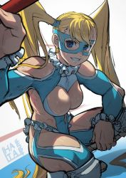 Rule 34 | 1girl, bare shoulders, blonde hair, blue eyes, breasts, cleavage, cleavage cutout, clothing cutout, commentary request, covered abs, domino mask, frills, grin, hata4564, heart cutout, highres, long hair, looking at viewer, mask, rainbow mika, smile, solo, squatting, street fighter, sweat, twintails, very long hair, wrestling mask