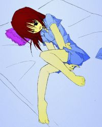 Rule 34 | 1girl, azukilib, barefoot, between legs, black eyes, blue shirt, blue shorts, character request, female focus, flat chest, full body, hair between eyes, hand between legs, have to pee, lowres, lying, medium hair, on bed, on side, one eye closed, open mouth, pajamas, pillow, red hair, shirt, short shorts, short sleeves, shorts, solo, tears, toe scrunch