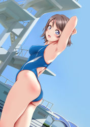 Rule 34 | 1girl, armpits, arms up, ass, blue eyes, blue sky, blue one-piece swimsuit, blush, breasts, brown hair, commentary request, competition swimsuit, cowboy shot, day, diving platform, dutch angle, covered erect nipples, from behind, highres, keisuke (0320030103200301), legs together, looking at viewer, looking back, love live!, love live! sunshine!!, medium breasts, one-piece swimsuit, open mouth, outdoors, short hair, sky, smile, solo, standing, swimsuit, thighs, watanabe you