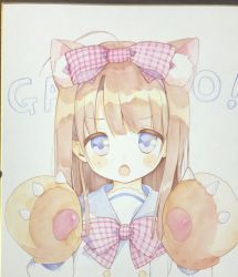 Rule 34 | 1girl, :o, ahoge, animal ear fluff, animal ears, animal hands, blue eyes, blue sailor collar, blush, bow, brown gloves, brown hair, fang, gao, gloves, hair bow, hands up, highres, long hair, long sleeves, looking at viewer, open mouth, original, paw gloves, photo (medium), pink bow, piyodera mucha, plaid, plaid bow, sailor collar, shirt, solo, traditional media, upper body, white shirt
