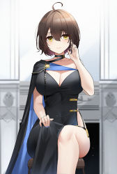 Rule 34 | 1girl, ahoge, azur lane, baltimore (azur lane), baltimore (evening breeze minuet) (azur lane), black cape, black choker, breasts, brown hair, cape, chinese commentary, choker, cleavage, closed mouth, commentary request, dress, feet out of frame, hand up, highres, large breasts, looking at viewer, official alternate costume, qing wu, short hair, side cape, side slit, sitting, solo, striped cape, thighs, two-tone cape, yellow eyes