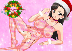 Rule 34 | 10s, 1girl, black eyes, black hair, blush, breasts, condom, cum, cum in mouth, girls und panzer, hat, large breasts, mevius9, navel, nipples, nishi kinuyo, pussy, santa hat, solo, used condom