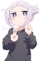 Rule 34 | 1girl, black sweater, blush, bright pupils, closed mouth, commentary request, double bun, double v, hair bun, highres, jitome, long sleeves, original, purple eyes, samansa ex, short hair, simple background, slit pupils, solo, sweater, upper body, v, white background, white hair, white pupils