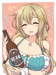 Rule 34 | 1girl, alcohol, beer, bottle, breasts, closed eyes, iida chiyoko, jewelry, kyoma (yellowxcake), large breasts, long hair, necklace, open mouth, ring dream, smile, translation request