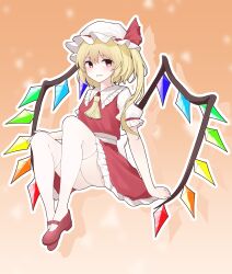 Rule 34 | 1girl, absurdres, ascot, ass, blonde hair, crystal, flandre scarlet, flat chest, gradient background, hat, highres, knees up, lian mang, light blush, mary janes, mob cap, one side up, orange background, outline, parted lips, petite, puffy short sleeves, puffy sleeves, red skirt, red vest, shoes, short sleeves, simple background, skirt, skirt set, solo, thighhighs, touhou, vest, white outline, white thighhighs, wings, yellow ascot