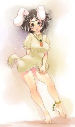 Rule 34 | 1girl, animal ears, anklet, bare legs, barefoot, black hair, blush, breasts, rabbit ears, dress, covered erect nipples, feet, female focus, inaba tewi, jewelry, large breasts, looking at viewer, open mouth, short dress, short hair, solo, touhou, tsuutenkaaku